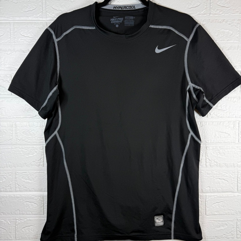 Nike Pro Combat Hypercool Shirt Mens L Black Short Sleeve Fitted Compression Top